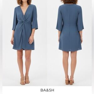 BA&SH Twist Knot Front Mini Dress Blue Azure Bell Sleeve Boho French Chic Size 4